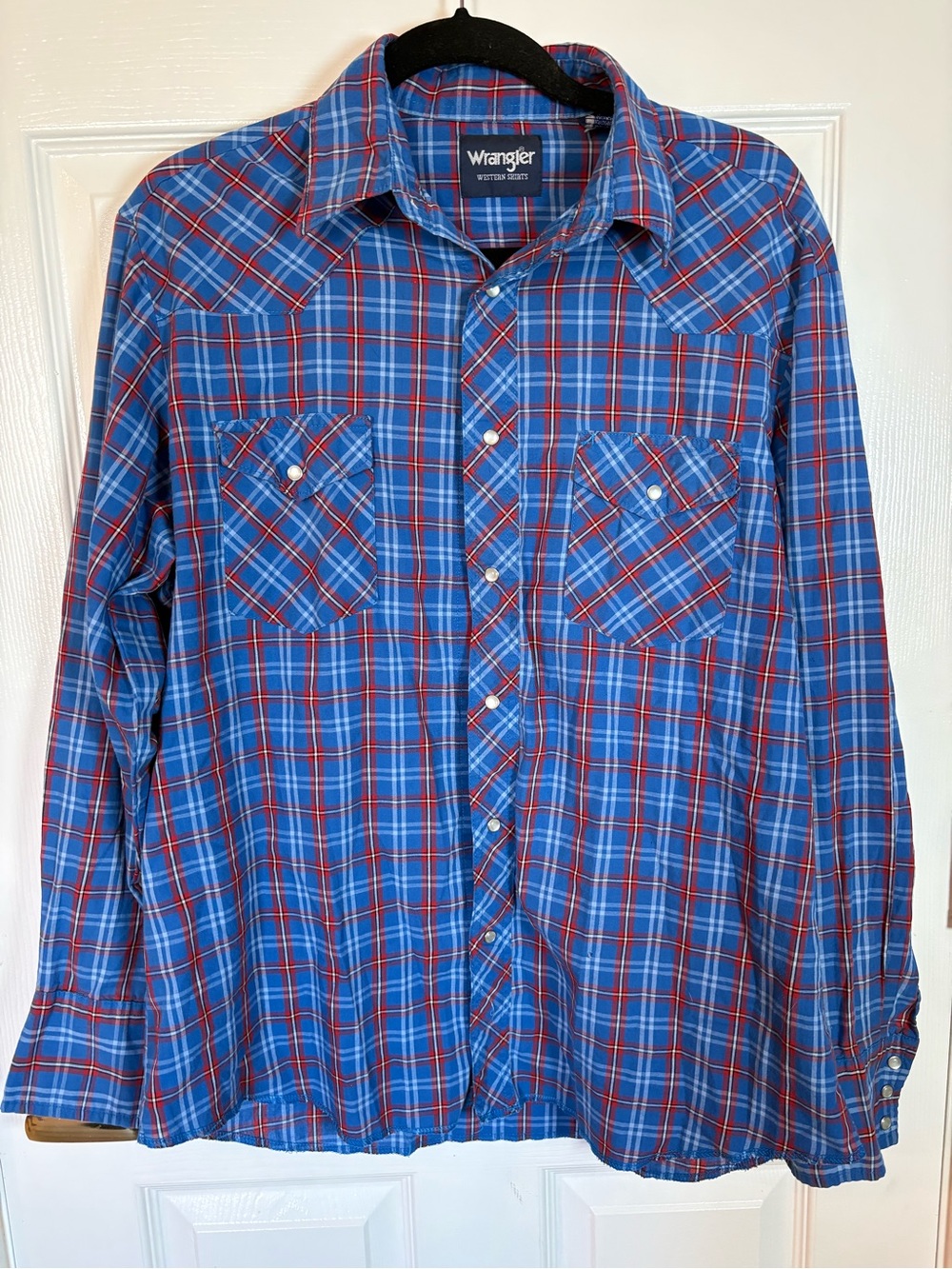 Wrangler Western Blue and Red Plaid Western Pearl Snap Button-Down Shirt